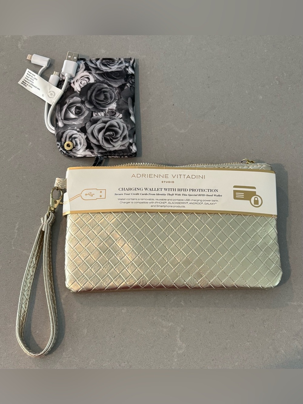 NWT Adrienne Vittadini metallic gold charging wallet clutch w/RFID protection